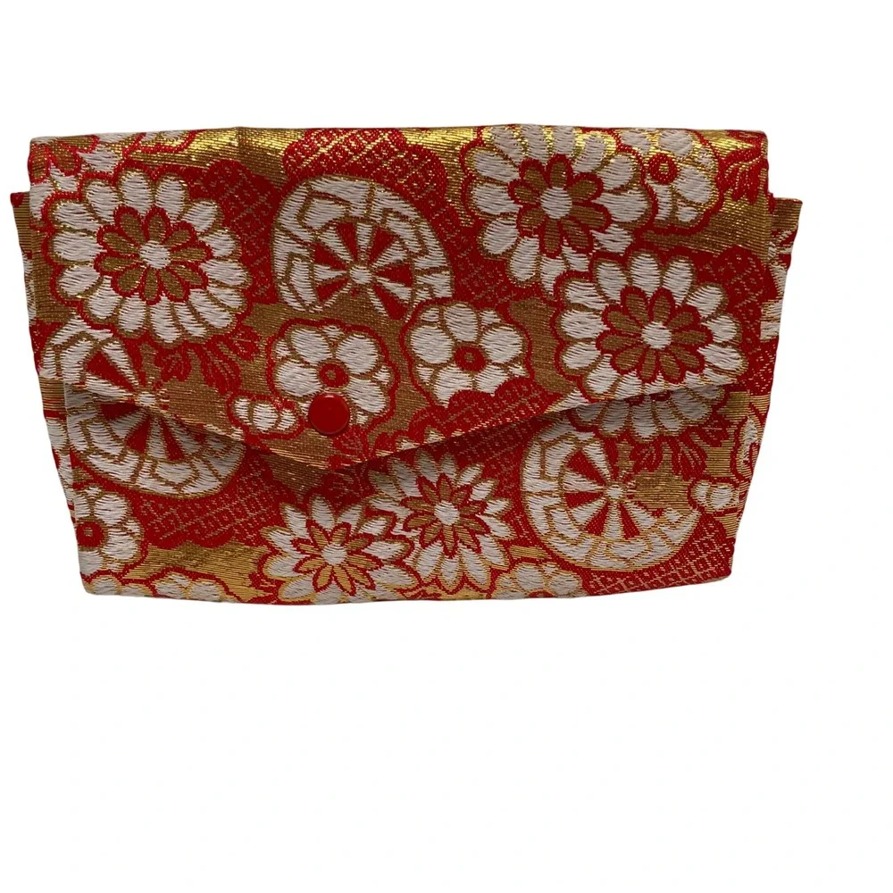 Vintage Taiyo Pearls Tokyo Red Gold Brocade Jewelry Pouch Snap Case Japan